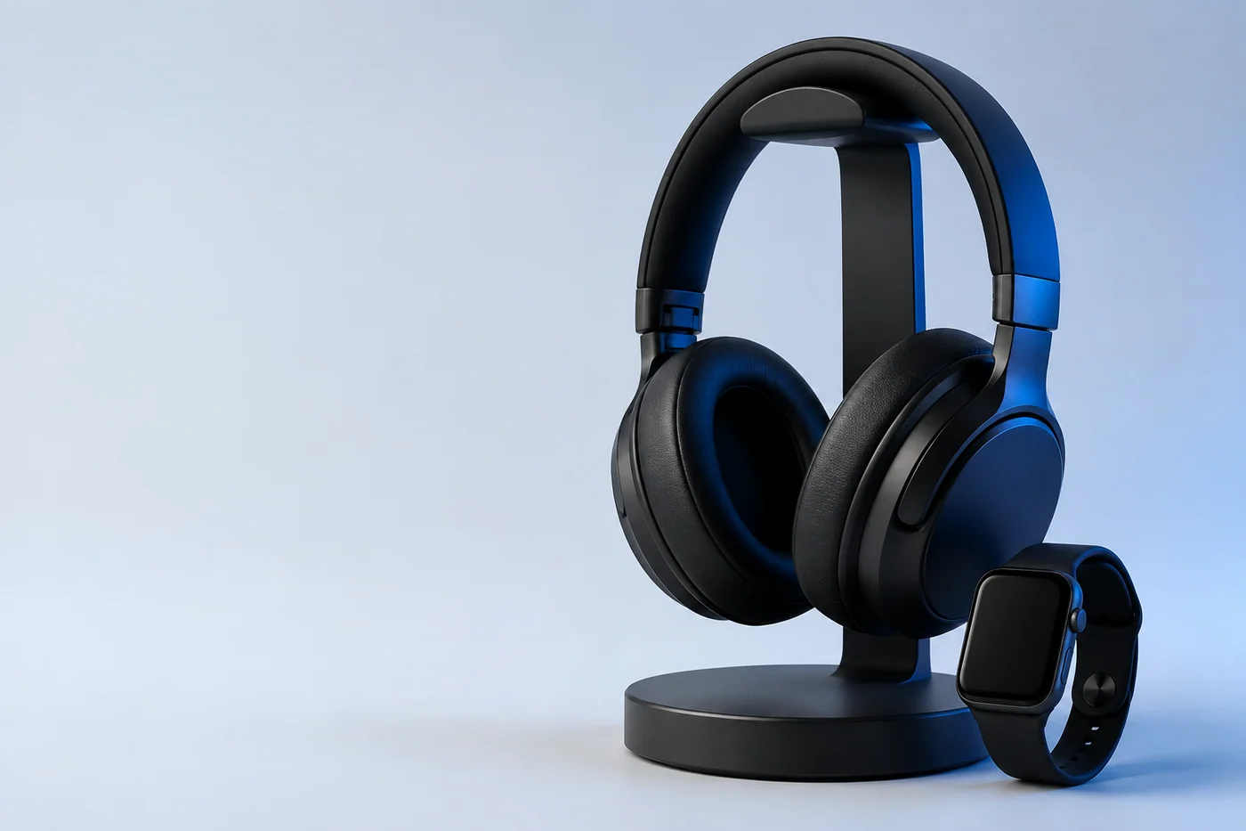 Premium black headphones and smartwatch