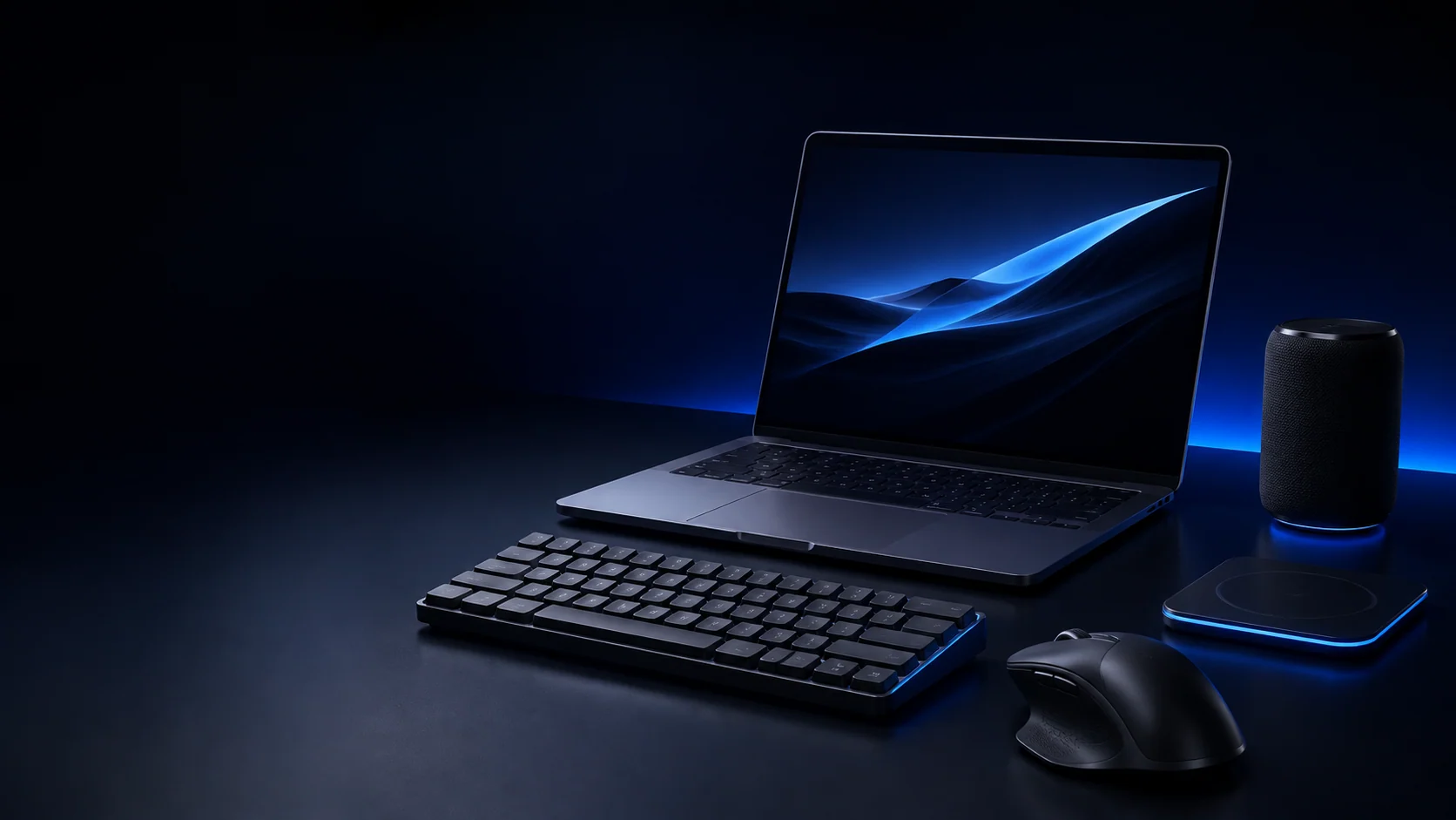 Dark productivity desk with a laptop, keyboard and accessories