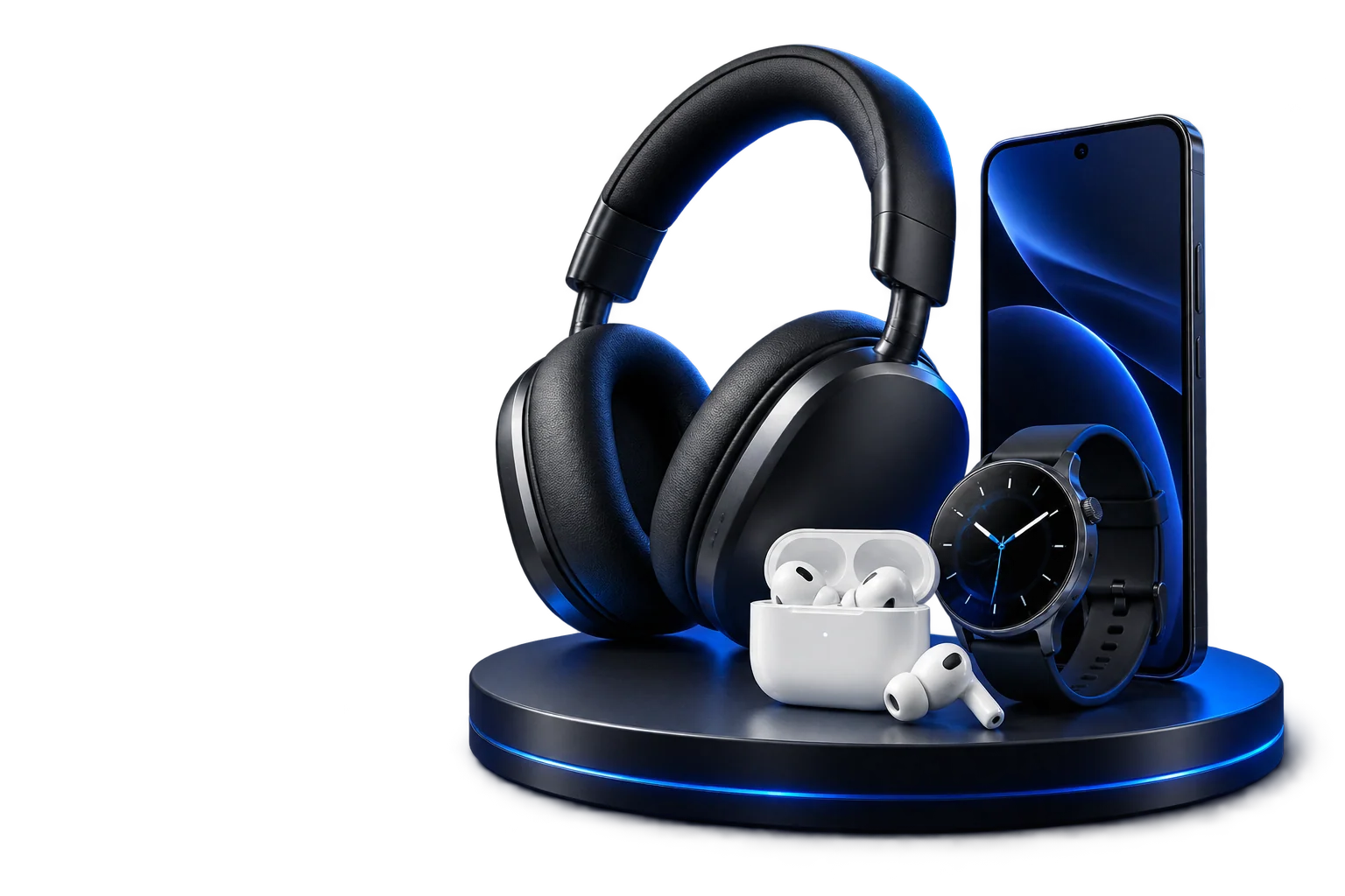Premium headphones, smartphone, smartwatch and wireless earbuds arranged on a dark pedestal
